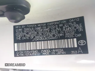 2012 Toyota Prius One z VIN JTDKN3DU6C5446511, wystawiony jako IAAI lot #42361355 z przebiegiem 166 991 mil mil oraz . Historia ofert i sprzedaży dostępna na DreamBid. Obrazek 9.