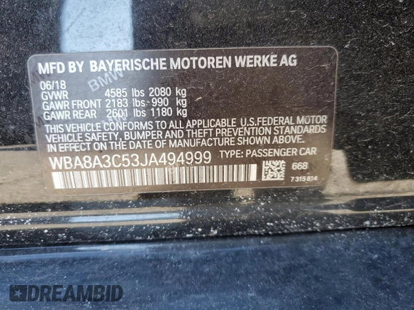 2018 BMW 3 Series 320i xDrive z VIN WBA8A3C53JA494999, wystawiony jako Copart lot #41457625 z przebiegiem Nie podano mil oraz Szkoda całkowita • Salvage title. Historia ofert i sprzedaży dostępna na DreamBid. Obrazek 14.