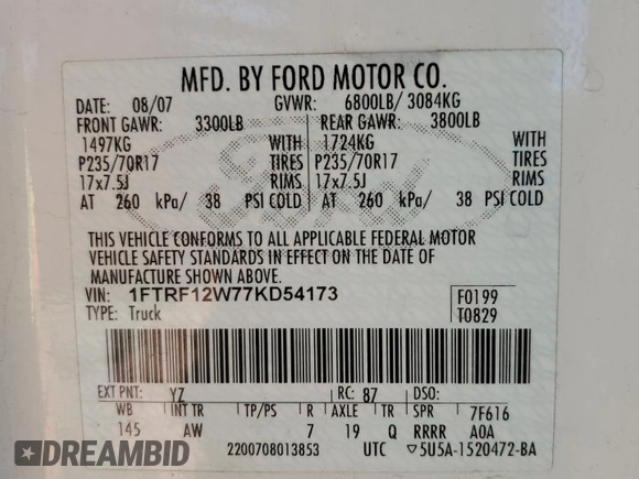 2007 Ford F-150 XL with VIN 1FTRF12W77KD54173, listed as a Copart auction lot 47970145 with 139,563 mi miles and Clean Title. Bid and sale history available at carsss.com. Image 12.