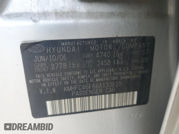2006 Hyundai Azera SE with VIN KMHFC46F66A133655, listed as a Copart auction lot 62291215 with 122,998 mi miles and Salvage title. Bid and sale history available at DreamBid. Image 12.