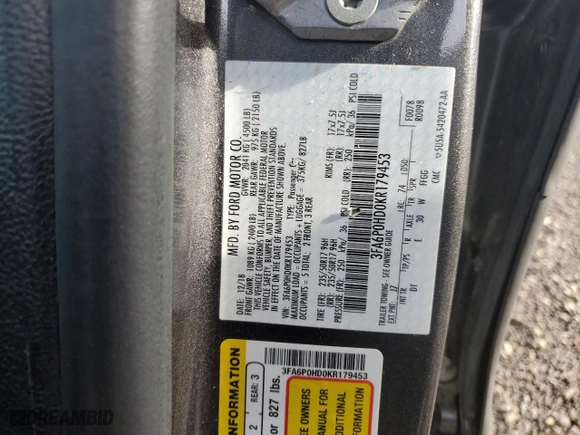 2019 Ford Fusion SE with VIN 3FA6P0HD0KR179453, listed as a Copart auction lot 44782045 with 215,841 mi miles and Clean Title. Bid and sale history available at carsss.com. Image 12.