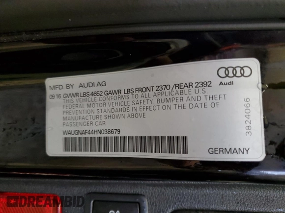 2017 Audi A4 Premium с VIN WAUGNAF44HN038679, выставлен на аукционе Copart как лот 45043515 с пробегом Не указан миль и Списание • Salvage title. История ставок и продаж доступна на DreamBid. Изображение 14.