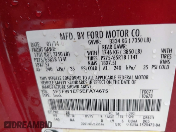 2014 Ford F-150 XL with VIN 1FTFW1EF5EFA74675, listed as a IAAI auction lot 42081301 with 113,265 mi miles and . Bid and sale history available at carsss.com. Image 9.