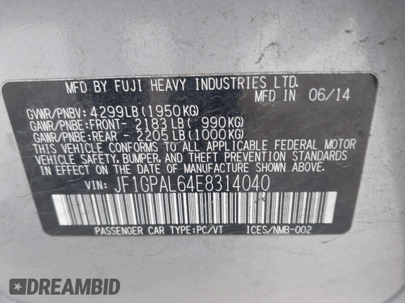 2014 Subaru Impreza Wagon 2.0i Sport Premium with VIN JF1GPAL64E8314040, listed as a IAAI auction lot 41925026 with 115,983 mi miles. Bid and sale history available at carsss.com. Image 9.