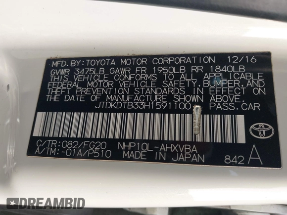 2017 Toyota Prius One with VIN JTDKDTB33H1591100, listed as a IAAI auction lot 41146733 with 259,421 mi miles and . Bid and sale history available at DreamBid. Image 9.