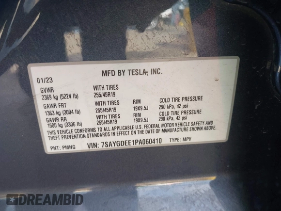2023 Tesla Model Y Long Range with VIN 7SAYGDEE1PA060410, listed as a IAAI auction lot 41357943 with 19,072 mi miles. Bid and sale history available at carsss.com. Image 9.