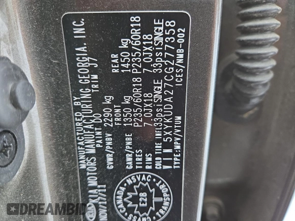 2012 Kia Sorento EX with VIN 5XYKUDA27CG277358, listed as a Copart auction lot 47256495 with 88,334 mi miles and Salvage title. Bid and sale history available at DreamBid. Image 13.