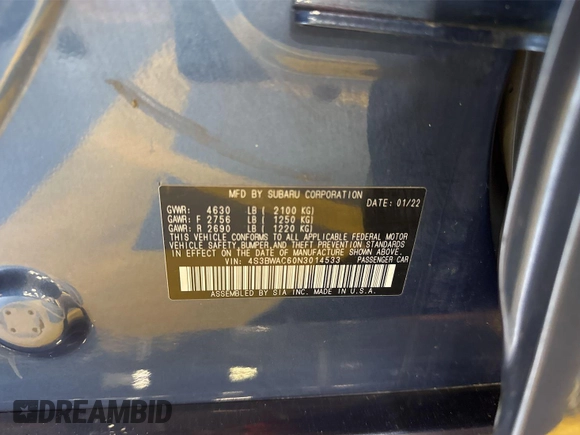 2022 Subaru Legacy Premium with VIN 4S3BWAC60N3014533, listed as a IAAI auction lot 42723225 with 127,524 mi miles and . Bid and sale history available at DreamBid. Image 18.