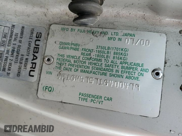 2001 Subaru Impreza RS with VIN JF1GM67571G400479, listed as a Copart auction lot 62473004 with Not provided miles and Clean title. Bid and sale history available at DreamBid. Image 12.