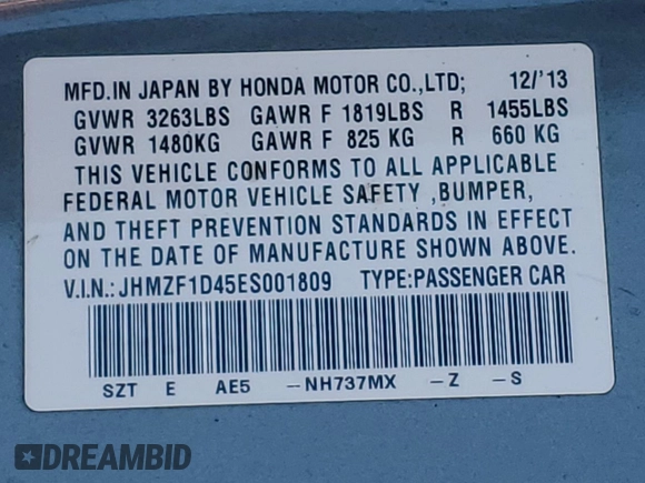 2014 Honda CR-Z with VIN JHMZF1D45ES001809, listed as a Copart auction lot 44928165 with 206,044 mi miles and Salvage Title. Bid and sale history available at DreamBid. Image 14.