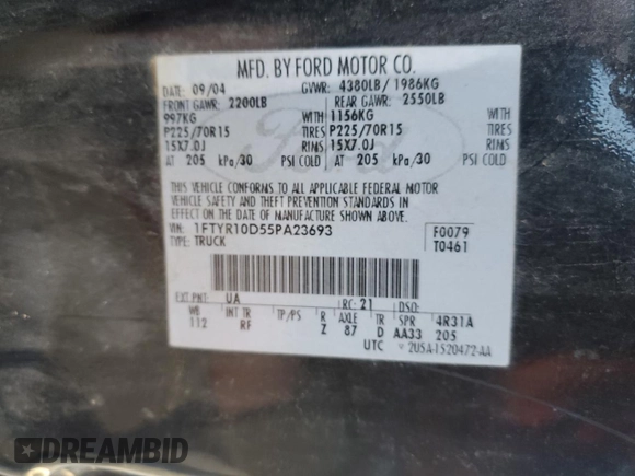 2005 Ford Ranger XL z VIN 1FTYR10D55PA23693, wystawiony jako Copart lot #48009745 z przebiegiem 197 266 mil mil oraz Szkoda całkowita • Salvage title. Historia ofert i sprzedaży dostępna na DreamBid. Obrazek 12.