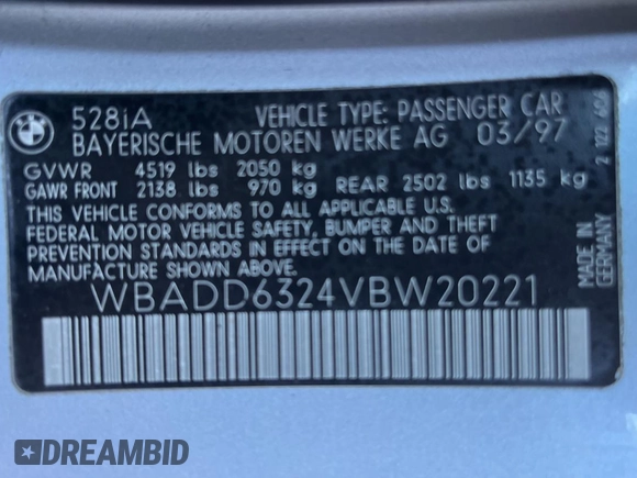1997 BMW 5 Series 528iA with VIN WBADD6324VBW20221, listed as a Copart auction lot 82865794 with 74,647 mi miles and Clean Title. Bid and sale history available at carsss.com. Image 10.