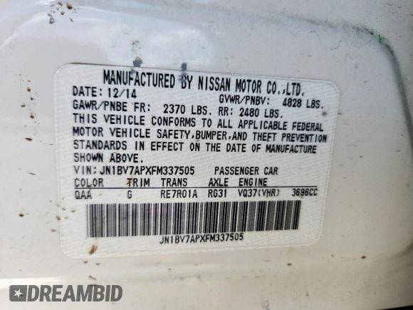 2015 Infiniti Q50 Premium with VIN JN1BV7APXFM337505, listed as a Copart auction lot 61900105 with 74,304 mi miles and Salvage title. Bid and sale history available at DreamBid. Image 12.