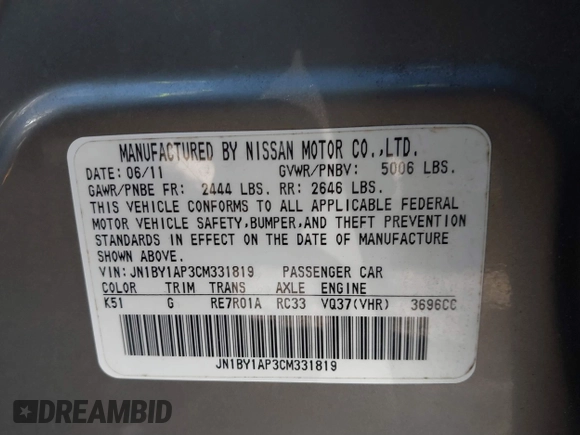 2012 Infiniti M with VIN JN1BY1AP3CM331819, listed as a IAAI auction lot 41773311 with 321,644 mi miles and . Bid and sale history available at DreamBid. Image 9.