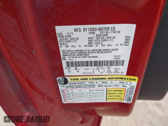 2014 Ford F-150 XL with VIN 1FTFW1CT0EFA07605, listed as a IAAI auction lot 42082411 with 25,894 mi miles and . Bid and sale history available at DreamBid. Image 9.