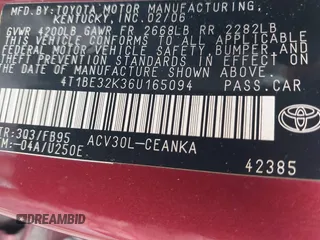 2006 Toyota Camry STD z VIN 4T1BE32K36U165094, wystawiony jako IAAI lot #41920150 z przebiegiem 136 986 mil mil oraz . Historia ofert i sprzedaży dostępna na DreamBid. Obrazek 9.