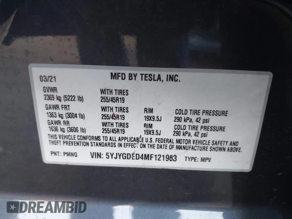 2021 Tesla Model Y Standard Range z VIN 5YJYGDED4MF121963, wystawiony jako IAAI lot #41490477 z przebiegiem 41 941 mil mil oraz . Historia ofert i sprzedaży dostępna na DreamBid. Obrazek 9.