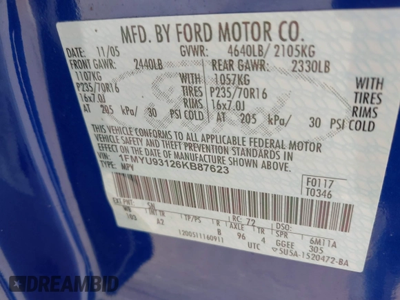 2006 Ford Escape XLT с VIN 1FMYU93126KB87623, выставлен на аукционе IAAI как лот 42709859 с пробегом 126 611 миль миль и . История ставок и продаж доступна на DreamBid. Изображение 9.