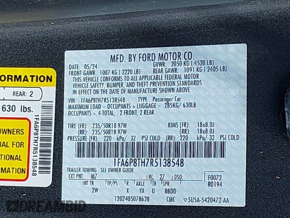 2024 Ford Mustang EcoBoost with VIN 1FA6P8TH7R5138548, listed as a IAAI auction lot 41948779 with 10,761 mi miles. Bid and sale history available at carsss.com. Image 9.
