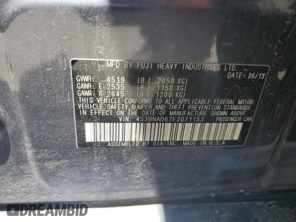 2015 Subaru Legacy Premium with VIN 4S3BNAD67F3071153, listed as a Copart auction lot 57292605 with 179,533 mi miles and Salvage title. Bid and sale history available at DreamBid. Image 12.