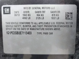 2014 Chevrolet Cruze 1LT with VIN 1G1PC5SB0E7113469, listed as a IAAI auction lot 41855824 with 159,369 mi miles. Bid and sale history available at carsss.com. Image 9.