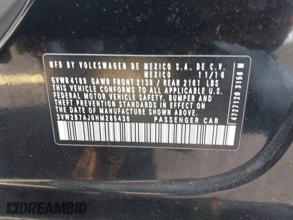 2017 Volkswagen Jetta S with VIN 3VW2B7AJ0HM285436, listed as a IAAI auction lot 42627136 with 88,873 mi miles and . Bid and sale history available at DreamBid. Image 9.