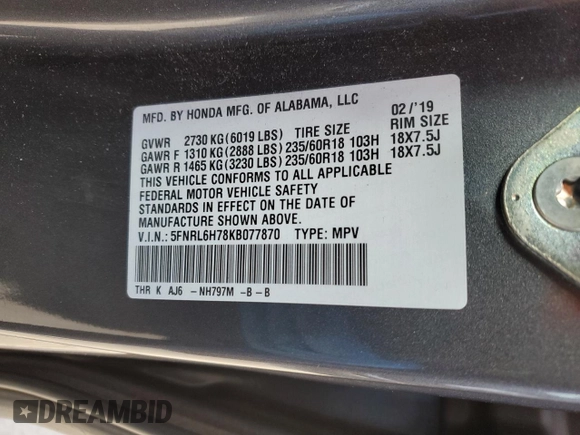 2019 Honda Odyssey EX-L with VIN 5FNRL6H78KB077870, listed as a Copart auction lot 45572505 with 88,417 mi miles and Salvage Title. Bid and sale history available at carsss.com. Image 14.