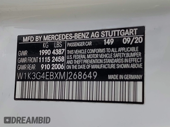 2021 Mercedes-Benz A 220 with VIN W1K3G4EBXMJ268649, listed as a IAAI auction lot 41735225 with 19,056 mi miles and . Bid and sale history available at DreamBid. Image 9.