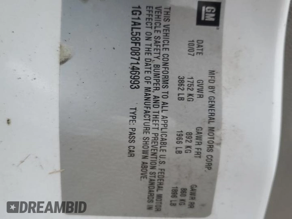 2008 Chevrolet Cobalt LT z VIN 1G1AL58F087146993, wystawiony jako Copart lot #56411865 z przebiegiem 118 029 mil mil oraz Szkoda całkowita • Salvage title. Historia ofert i sprzedaży dostępna na DreamBid. Obrazek 12.