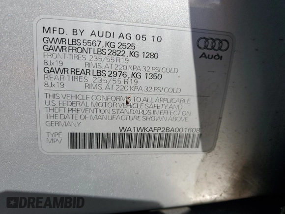 2011 Audi Q5 Prestige with VIN WA1WKAFP2BA001608, listed as a Copart auction lot 51337565 with 124,910 mi miles and Salvage title. Bid and sale history available at DreamBid. Image 14.