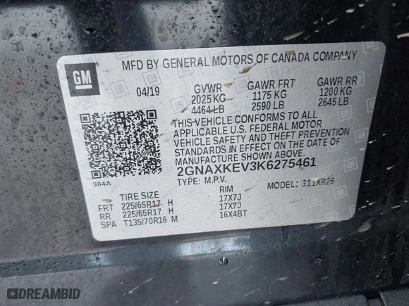 2019 Chevrolet Equinox LT with VIN 2GNAXKEV3K6275461, listed as a IAAI auction lot 41666491 with 129,082 mi miles. Bid and sale history available at carsss.com. Image 9.