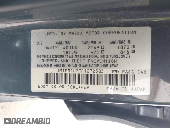 2015 Mazda 3 i Sport with VIN JM1BM1U70F1272383, listed as a IAAI auction lot 42013894 with 97,029 mi miles and . Bid and sale history available at carsss.com. Image 9.