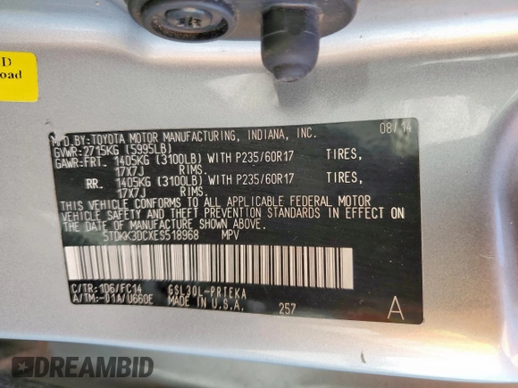 2014 Toyota Sienna LE AAS with VIN 5TDKK3DCXES518968, listed as a Copart auction lot 59553905 with 176,074 mi miles and Salvage title. Bid and sale history available at DreamBid. Image 13.