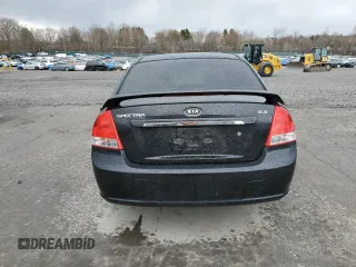 2009 Kia Spectra EX with VIN KNAFE222795620282, listed as a Copart auction lot 53187425 with 0 mi miles and Salvage Title. Bid and sale history available at carsss.com. Image 6.