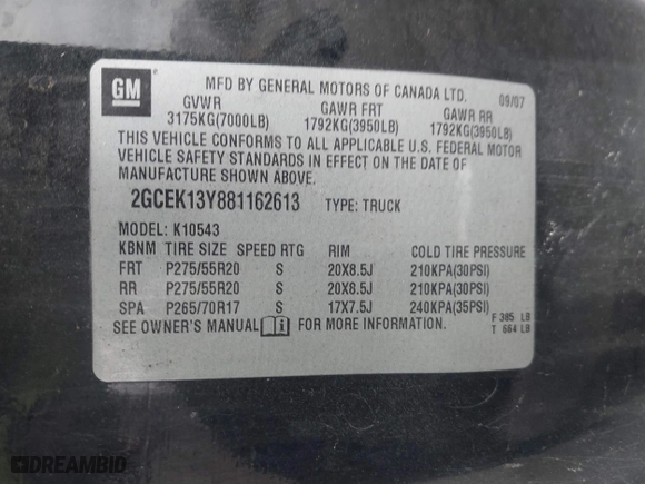 2008 Chevrolet Silverado 1500 LTZ with VIN 2GCEK13Y881162613, listed as a IAAI auction lot 41893222 with 192,078 mi miles. Bid and sale history available at carsss.com. Image 9.