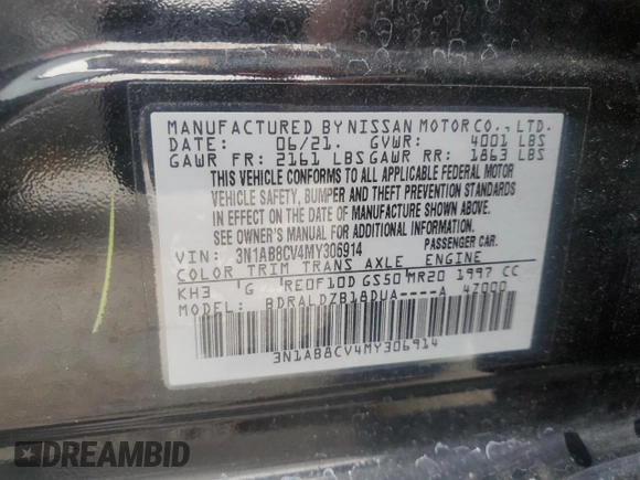 2021 Nissan Sentra SV with VIN 3N1AB8CV4MY306914, listed as a Copart auction lot 63364285 with 82,294 mi miles and Salvage title. Bid and sale history available at DreamBid. Image 12.