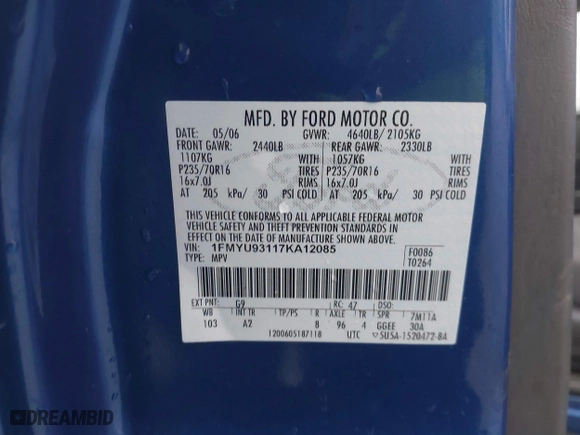 2007 Ford Escape XLT with VIN 1FMYU93117KA12085, listed as a IAAI auction lot 41195171 with 97,706 mi miles. Bid and sale history available at carsss.com. Image 9.