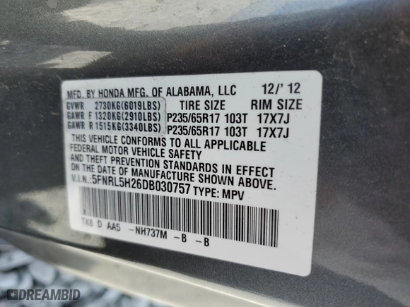 2013 Honda Odyssey LX with VIN 5FNRL5H26DB030757, listed as a Copart auction lot 51913635 with 104,654 mi miles and Salvage Title. Bid and sale history available at carsss.com. Image 13.