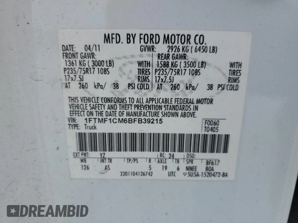 2011 Ford F-150 XL with VIN 1FTMF1CM6BFB39215, listed as a Copart auction lot 51974565 with 318,520 mi miles and Salvage Title. Bid and sale history available at DreamBid. Image 12.