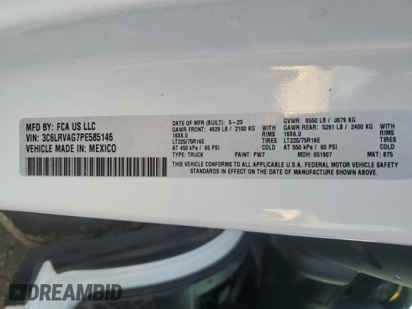 2023 Ram ProMaster Cargo with VIN 3C6LRVAG7PE585146, listed as a Copart auction lot 71391784 with 2,872 mi miles and Salvage Title. Bid and sale history available at DreamBid. Image 13.