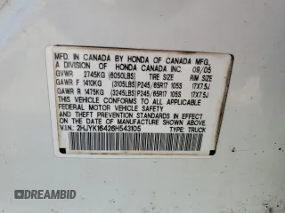 2006 Honda Ridgeline RTS with VIN 2HJYK16426H543105, listed as a Copart auction lot 55626035 with 285,927 mi miles and Clean Title. Bid and sale history available at carsss.com. Image 12.
