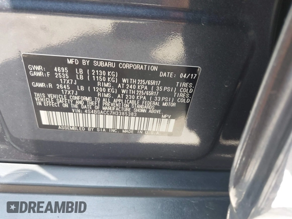 2017 Subaru Outback Premium with VIN 4S4BSACC7H3385383, listed as a IAAI auction lot 42541114 with 141,650 mi miles and . Bid and sale history available at DreamBid. Image 9.