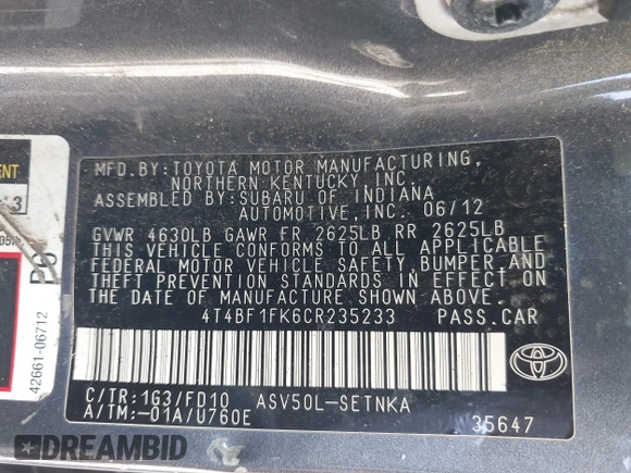 2012 Toyota Camry L with VIN 4T4BF1FK6CR235233, listed as a IAAI auction lot 42126572 with 440,138 mi miles. Bid and sale history available at carsss.com. Image 9.