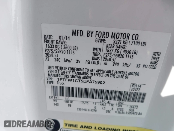 2014 Ford F-150 XL with VIN 1FTFW1CT5EFA75902, listed as a IAAI auction lot 41422814 with 114,863 mi miles and . Bid and sale history available at DreamBid. Image 9.