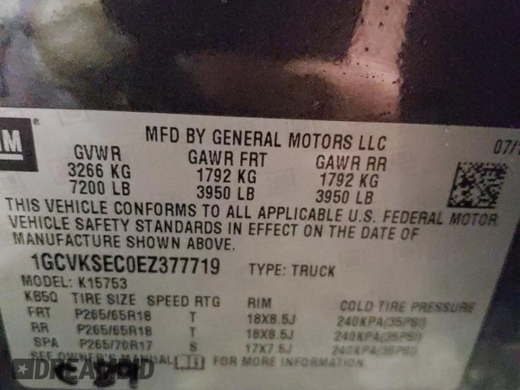2014 Chevrolet Silverado 1500 LTZ with VIN 1GCVKSEC0EZ377719, listed as a Copart auction lot 52186575 with 62,580 mi miles and Salvage Title. Bid and sale history available at DreamBid. Image 12.