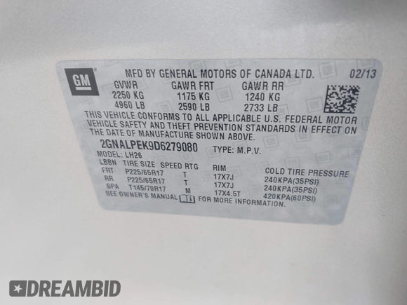 2013 Chevrolet Equinox LT with VIN 2GNALPEK9D6279080, listed as a IAAI auction lot 41946112 with 196,276 mi miles and . Bid and sale history available at DreamBid. Image 9.