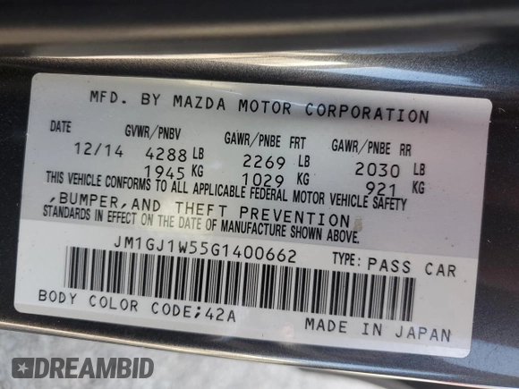 2016 Mazda 6 i Grand Touring with VIN JM1GJ1W55G1400662, listed as a Copart auction lot 52207915 with 55,462 mi miles and Clean Title. Bid and sale history available at DreamBid. Image 13.