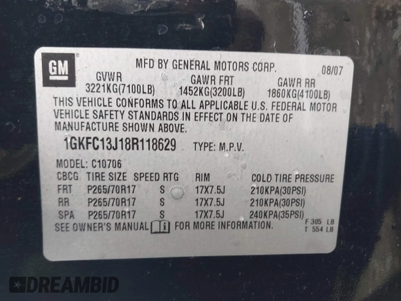 2008 GMC Yukon SLT 4SB with VIN 1GKFC13J18R118629, listed as a IAAI auction lot 41798020 with 215,760 mi miles and . Bid and sale history available at DreamBid. Image 9.