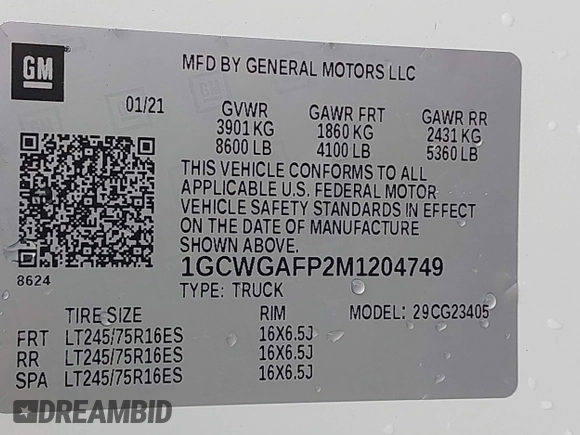 2021 Chevrolet Express Cargo with VIN 1GCWGAFP2M1204749, listed as a IAAI auction lot 42672844 with 57,795 mi miles and . Bid and sale history available at DreamBid. Image 9.