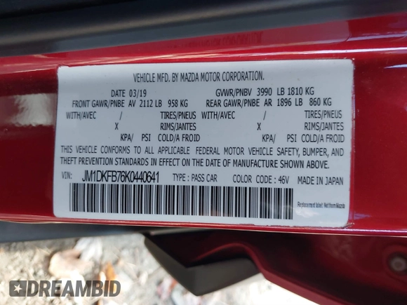 2019 Mazda CX-3 Sport with VIN JM1DKFB76K0440641, listed as a IAAI auction lot 40741740 with 39,578 mi miles. Bid and sale history available at carsss.com. Image 9.